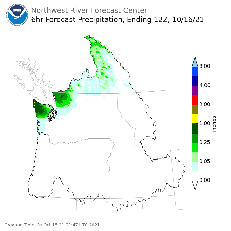 Day 1 (Friday): 6 Hourly Precipitation Forecast ending Saturday, October 16 at 5 am PDT