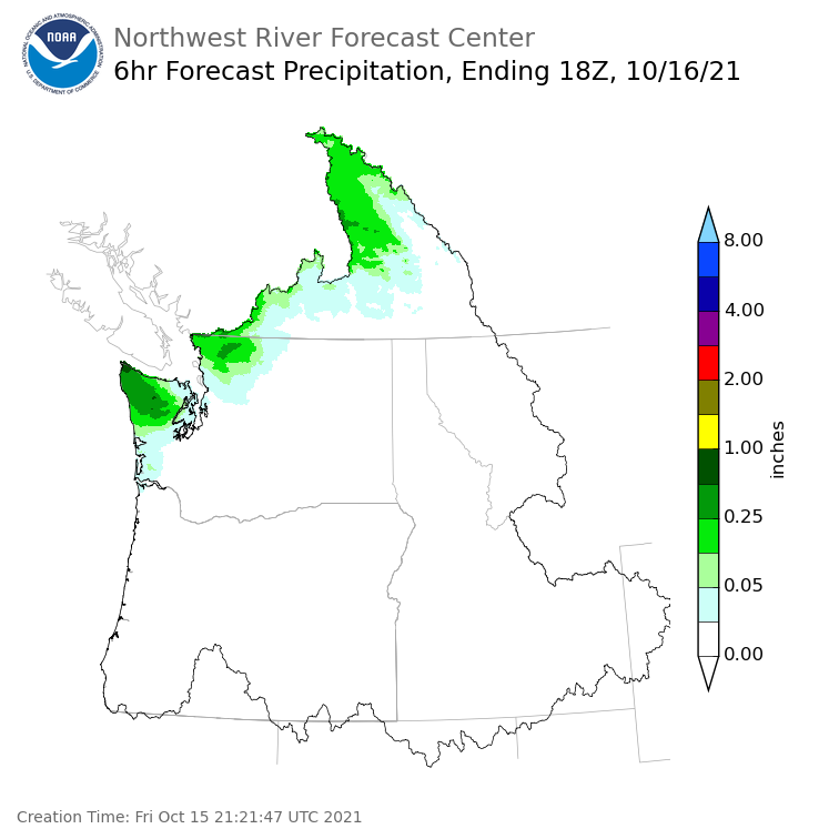 Day 2 (Saturday): 6 Hourly Precipitation Forecast  ending Saturday, October 16 at 11 am PDT