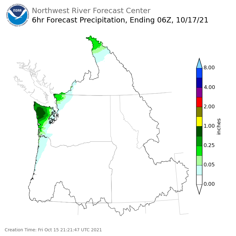 Day 2 (Saturday): 6 Hourly Precipitation Forecast  ending Saturday, October 16 at 11 pm PDT
