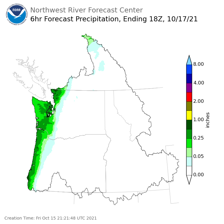 Day 3 (Sunday): 6 Hourly Precipitation Forecast  ending Sunday, October 17 at 11 am PDT