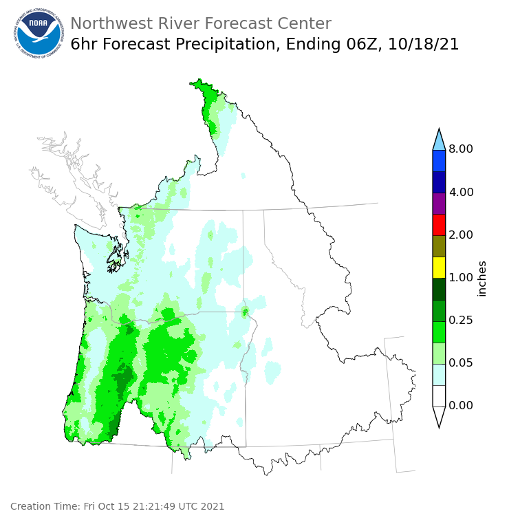 Day 3 (Sunday): 6 Hourly Precipitation Forecast  ending Sunday, October 17 at 11 pm PDT