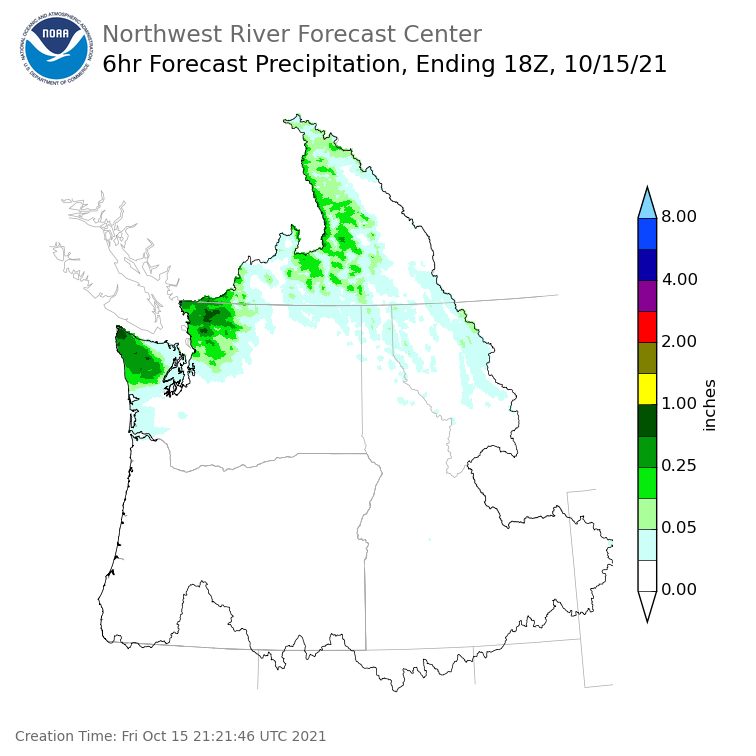 Day 1 (Friday): 6 Hourly Precipitation Forecast ending Friday, October 15 at 11 am PDT