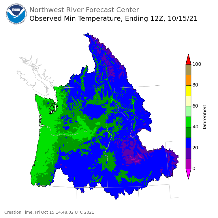 Minimum Temperatures ending Friday, October 15 at 5 am PDT