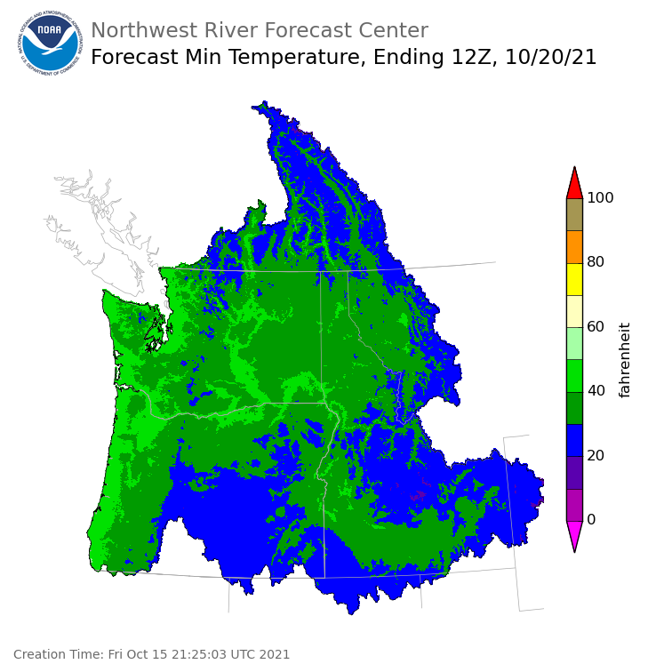 Day 5 (Tuesday): Min Temperature Forecast ending Wednesday, October 20 at 5 am PDT