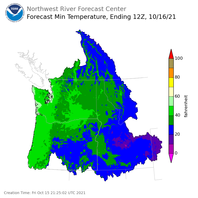 Day 1 (Friday): Min Temperature Forecast ending Saturday, October 16 at 5 am PDT