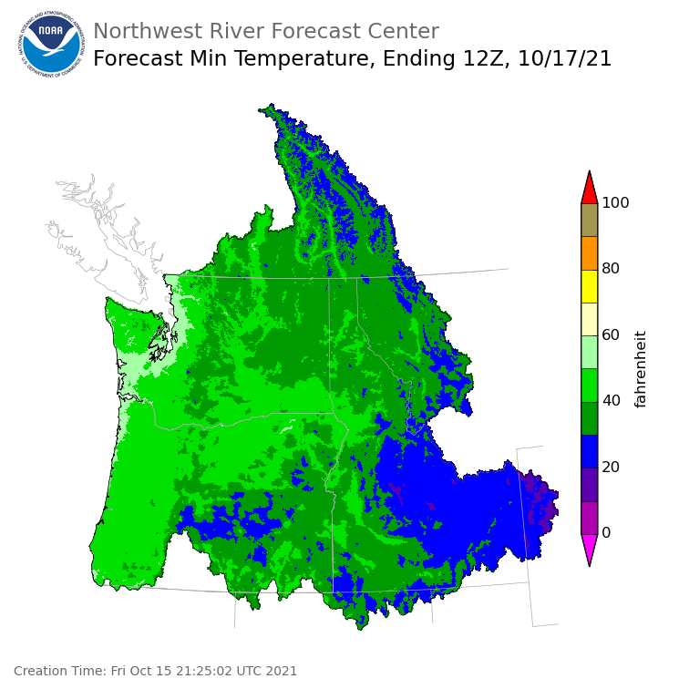 Day 2 (Saturday): Min Temperature Forecast ending Sunday, October 17 at 5 am PDT