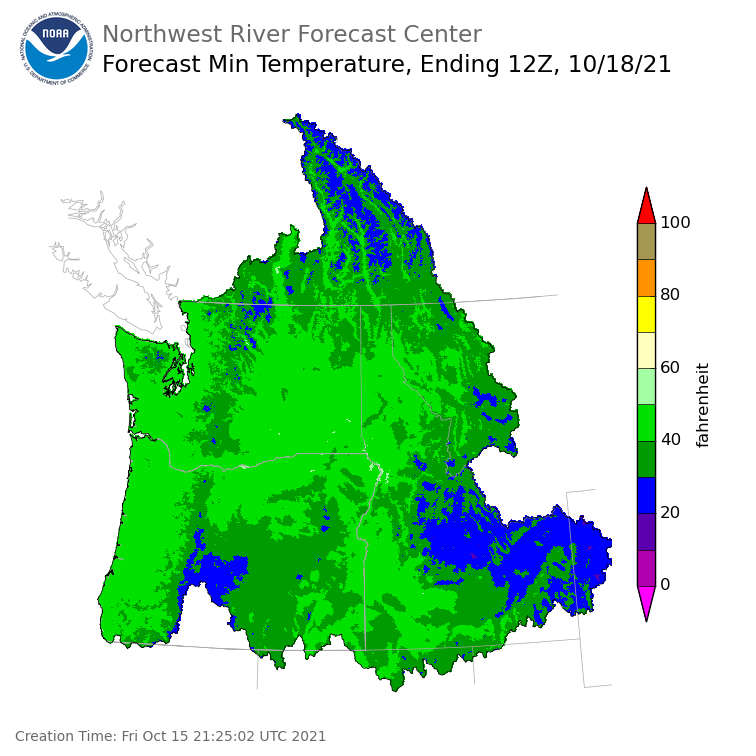 Day 3 (Sunday): Min Temperature Forecast ending Monday, October 18 at 5 am PDT