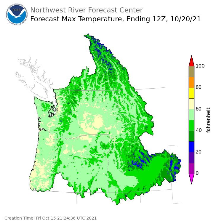 Day 5 (Tuesday): Max Temperature Forecast ending Wednesday, October 20 at 5 am PDT