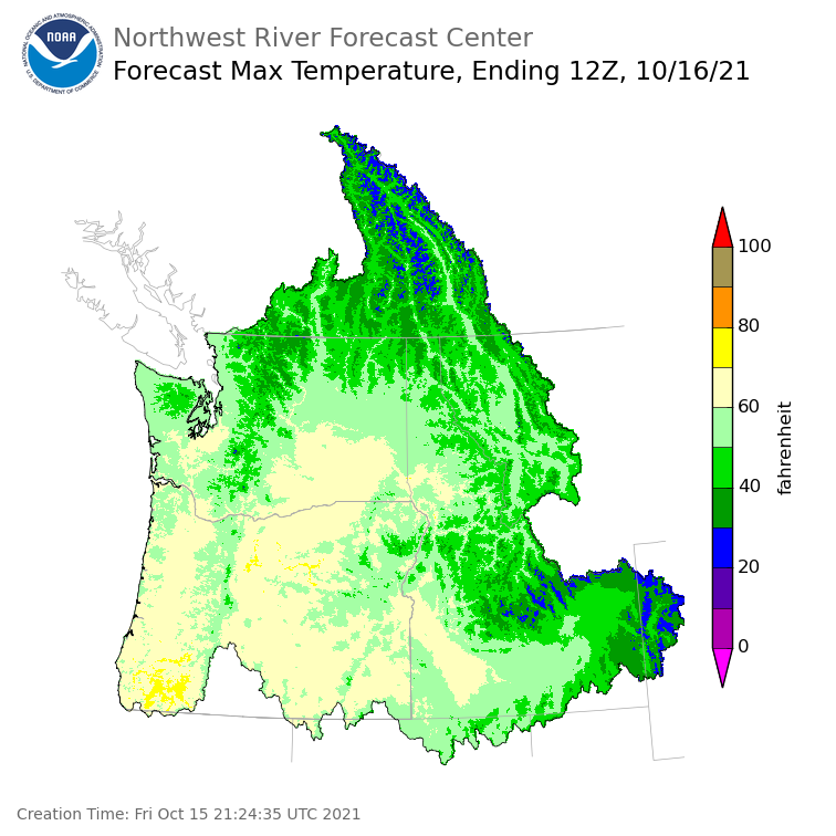 Day 1 (Friday): Max Temperature Forecast ending Saturday, October 16 at 5 am PDT