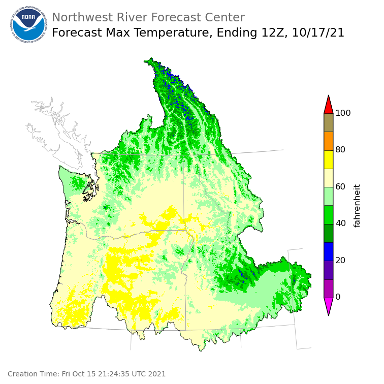 Day 2 (Saturday): Max Temperature Forecast ending Sunday, October 17 at 5 am PDT