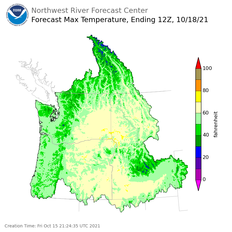 Day 3 (Sunday): Max Temperature Forecast ending Monday, October 18 at 5 am PDT