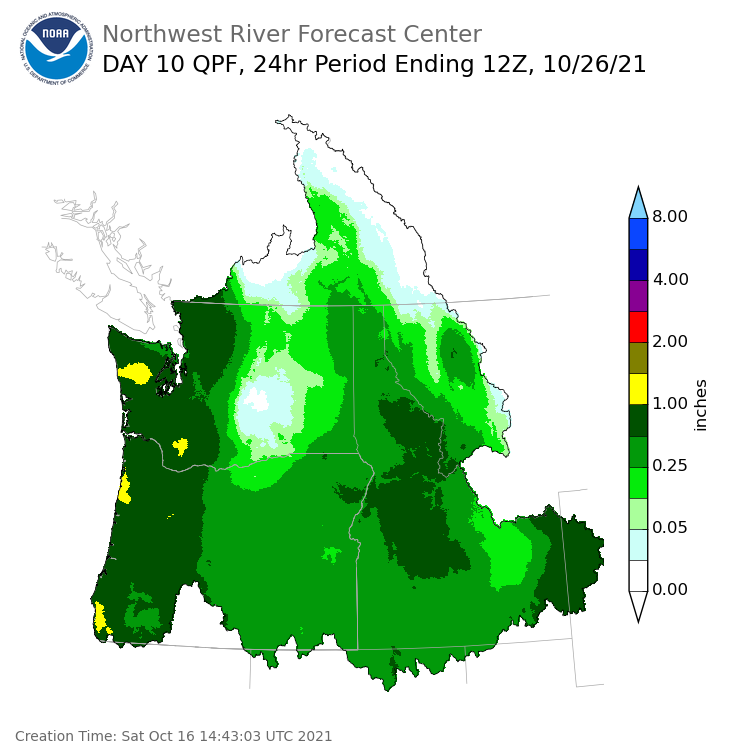 Day 10 (Monday): Precipitation Forecast ending Tuesday, October 26 at 5 am PDT