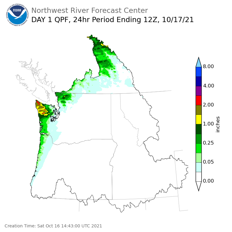 Day 1 (Saturday): Precipitation Forecast ending Sunday, October 17 at 5 am PDT