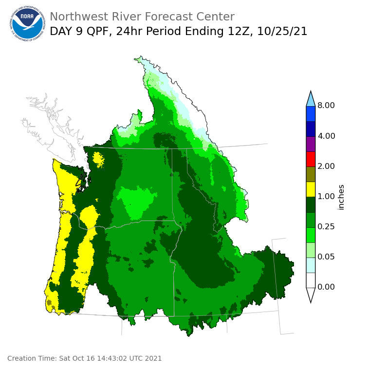 Day 9 (Sunday): Precipitation Forecast ending Monday, October 25 at 5 am PDT