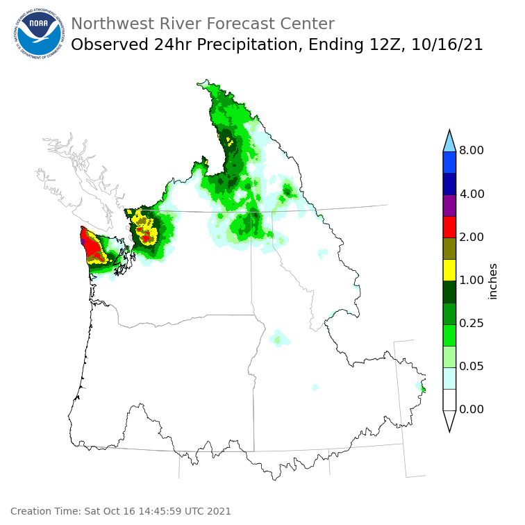 Observed Precipitation ending Saturday, October 16 at 5 am PDT