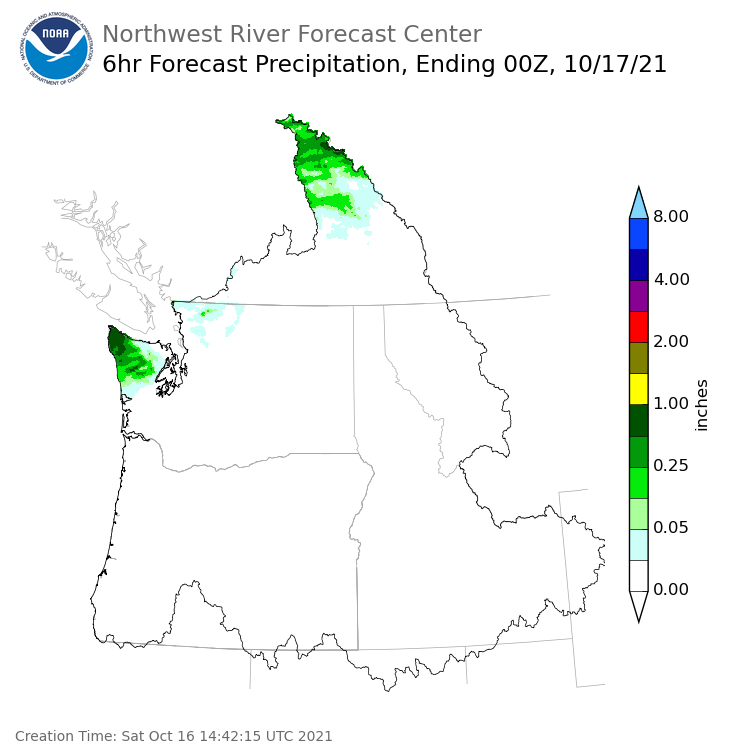 Day 1 (Saturday): 6 Hourly Precipitation Forecast ending Saturday, October 16 at 5 pm PDT