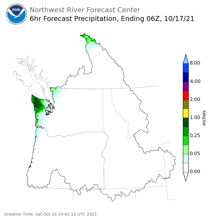 Day 1 (Saturday): 6 Hourly Precipitation Forecast ending Saturday, October 16 at 11 pm PDT