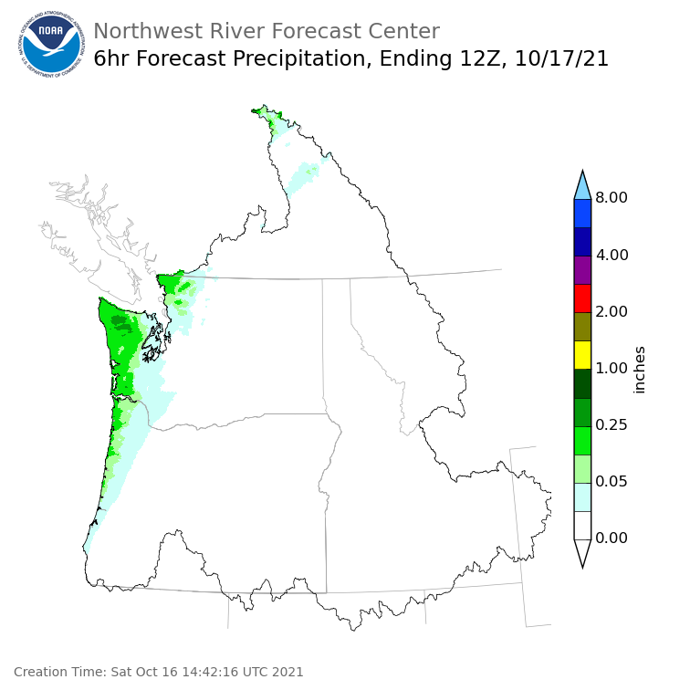 Day 1 (Saturday): 6 Hourly Precipitation Forecast ending Sunday, October 17 at 5 am PDT