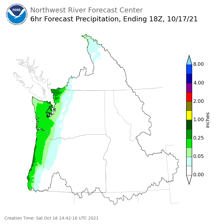 Day 2 (Sunday): 6 Hourly Precipitation Forecast  ending Sunday, October 17 at 11 am PDT