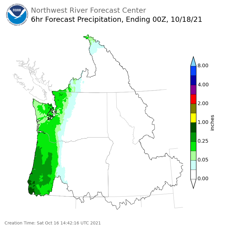 Day 2 (Sunday): 6 Hourly Precipitation Forecast  ending Sunday, October 17 at 5 pm PDT