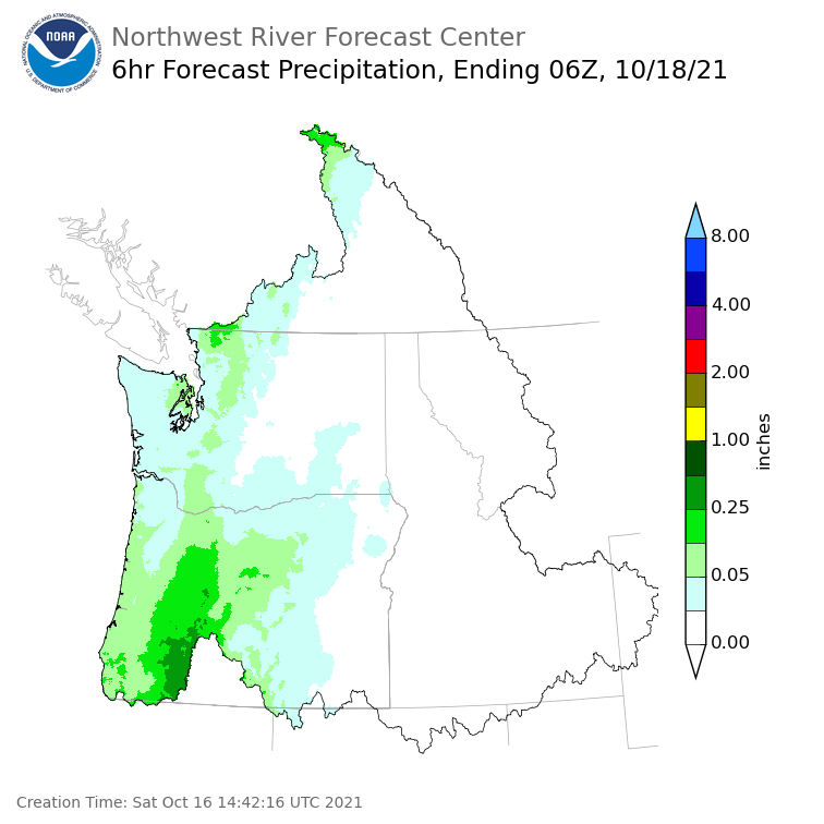 Day 2 (Sunday): 6 Hourly Precipitation Forecast  ending Sunday, October 17 at 11 pm PDT