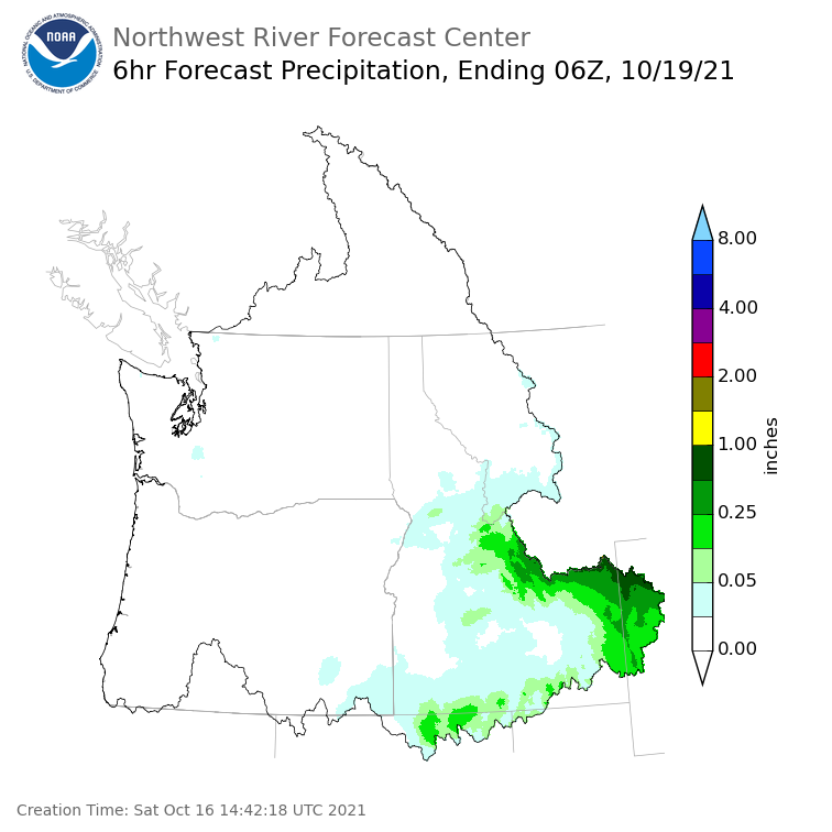 Day 3 (Monday): 6 Hourly Precipitation Forecast  ending Monday, October 18 at 11 pm PDT