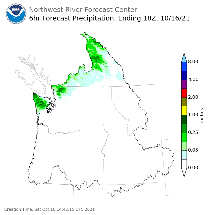 Day 1 (Saturday): 6 Hourly Precipitation Forecast ending Saturday, October 16 at 11 am PDT