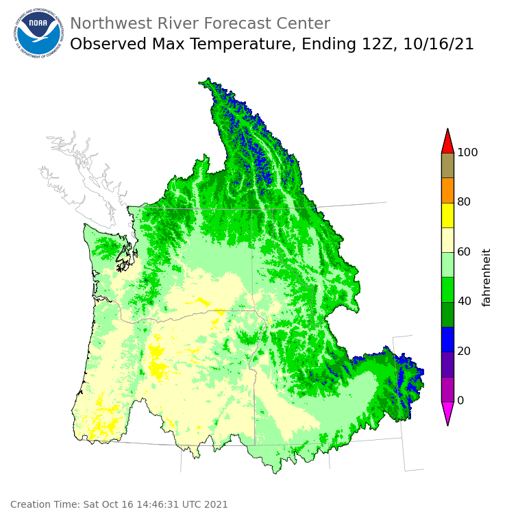 Maximum Temperatures ending Friday, October 15 at 9 pm PDT