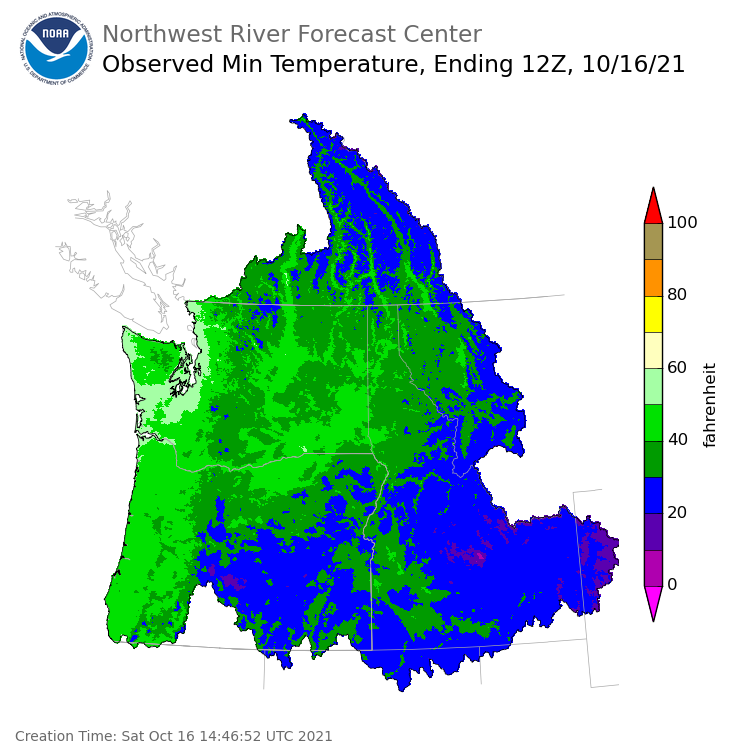 Minimum Temperatures ending Saturday, October 16 at 5 am PDT