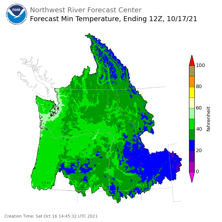 Day 1 (Saturday): Min Temperature Forecast ending Sunday, October 17 at 5 am PDT