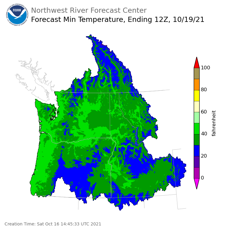 Day 3 (Monday): Min Temperature Forecast ending Tuesday, October 19 at 5 am PDT