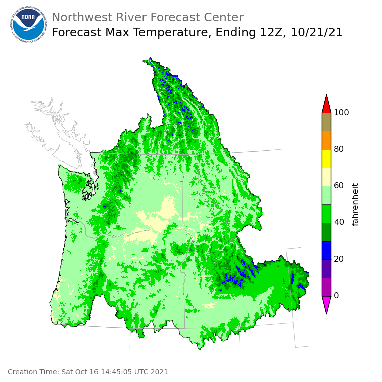 Day 5 (Wednesday): Max Temperature Forecast ending Thursday, October 21 at 5 am PDT