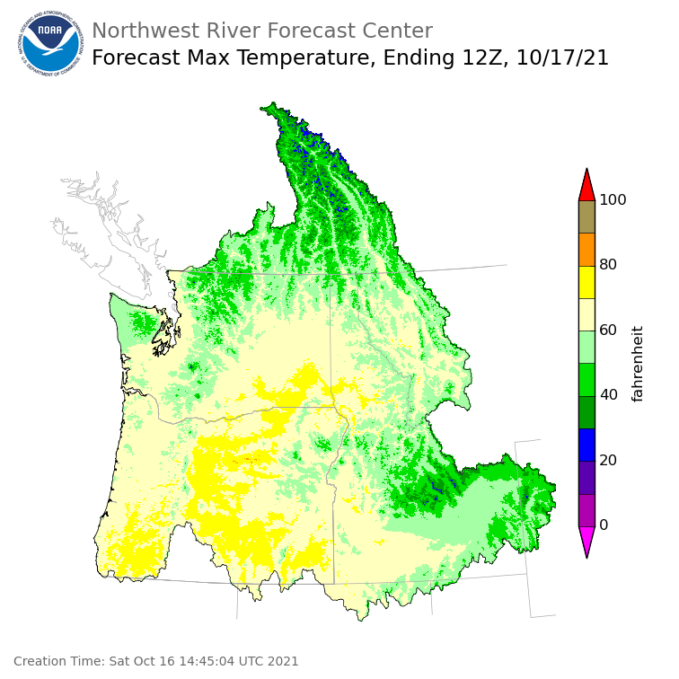 Day 1 (Saturday): Max Temperature Forecast ending Sunday, October 17 at 5 am PDT