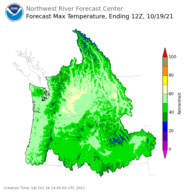 Day 3 (Monday): Max Temperature Forecast ending Tuesday, October 19 at 5 am PDT