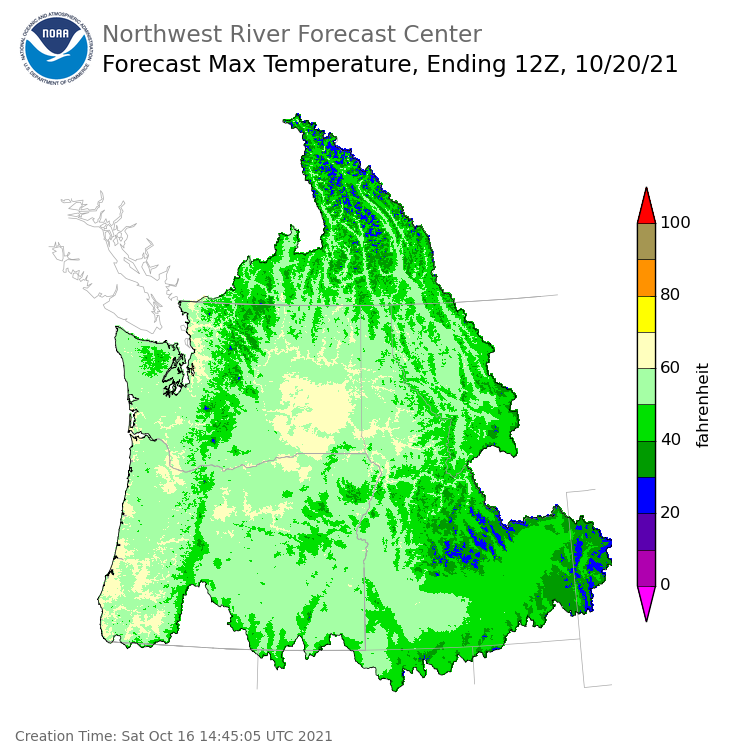 Day 4 (Tuesday): Max Temperature Forecast ending Wednesday, October 20 at 5 am PDT