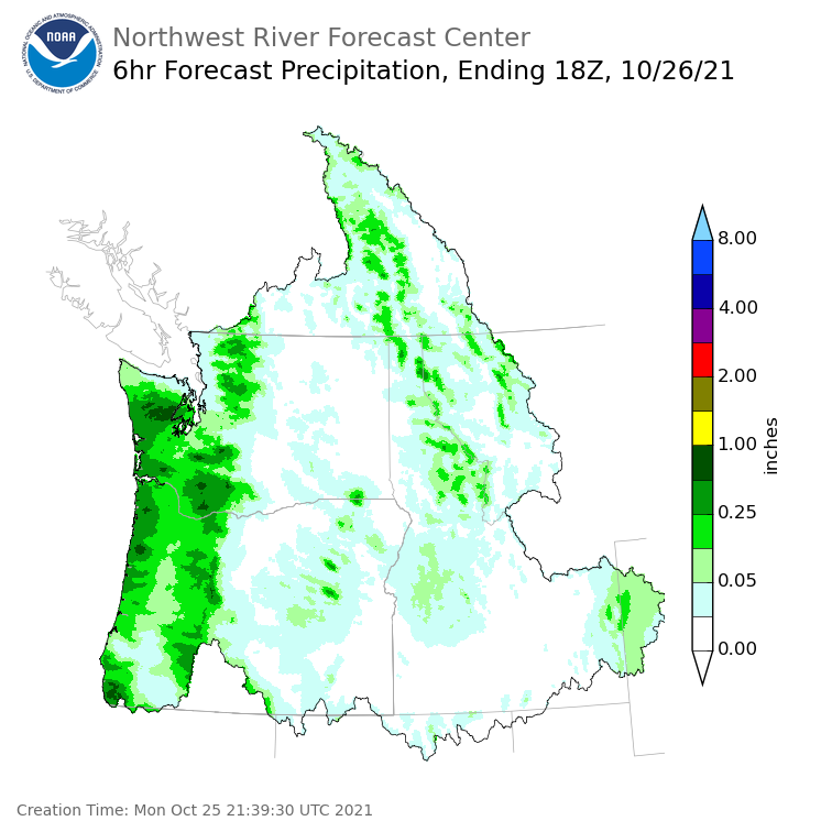 Day 2 (Tuesday): 6 Hourly Precipitation Forecast  ending Tuesday, October 26 at 11 am PDT