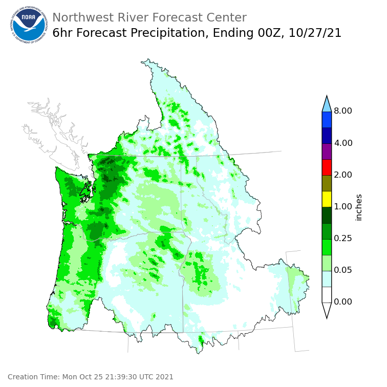 Day 2 (Tuesday): 6 Hourly Precipitation Forecast  ending Tuesday, October 26 at 5 pm PDT