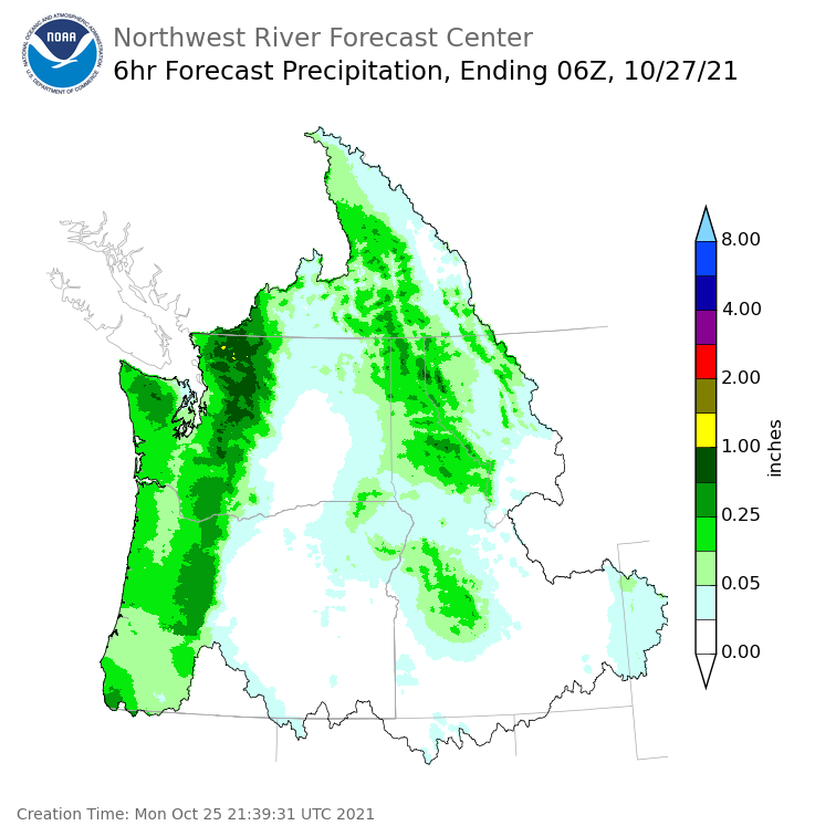 Day 2 (Tuesday): 6 Hourly Precipitation Forecast  ending Tuesday, October 26 at 11 pm PDT