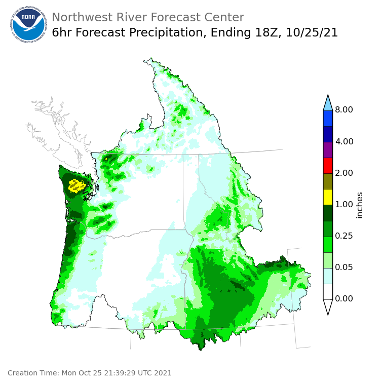 Day 1 (Monday): 6 Hourly Precipitation Forecast ending Monday, October 25 at 11 am PDT