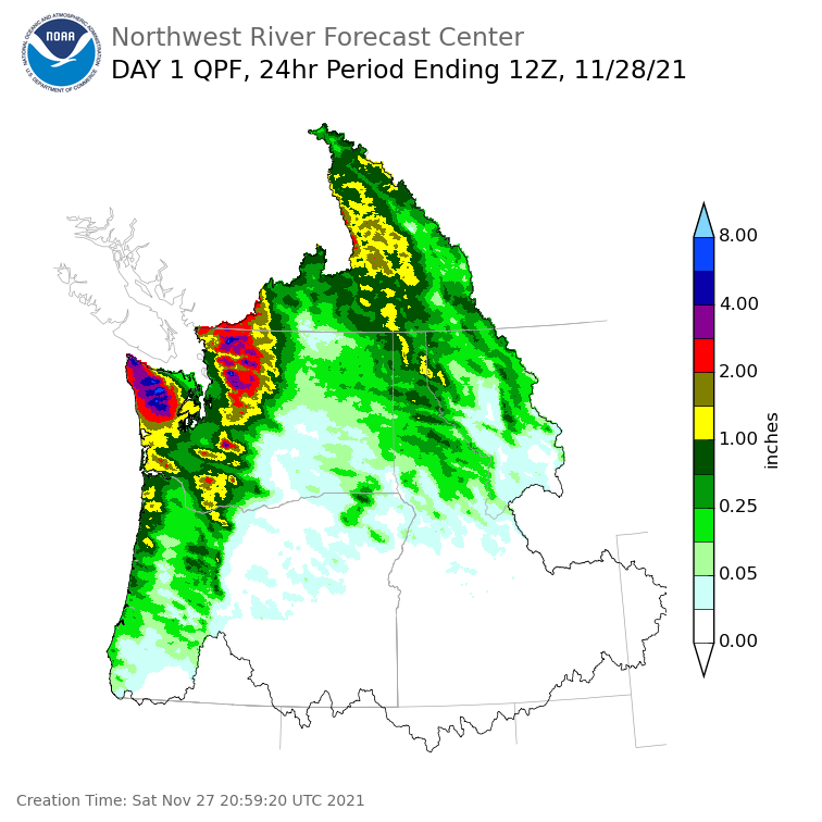 Day 1 (Saturday): Precipitation Forecast ending Sunday, November 28 at 4 am PST