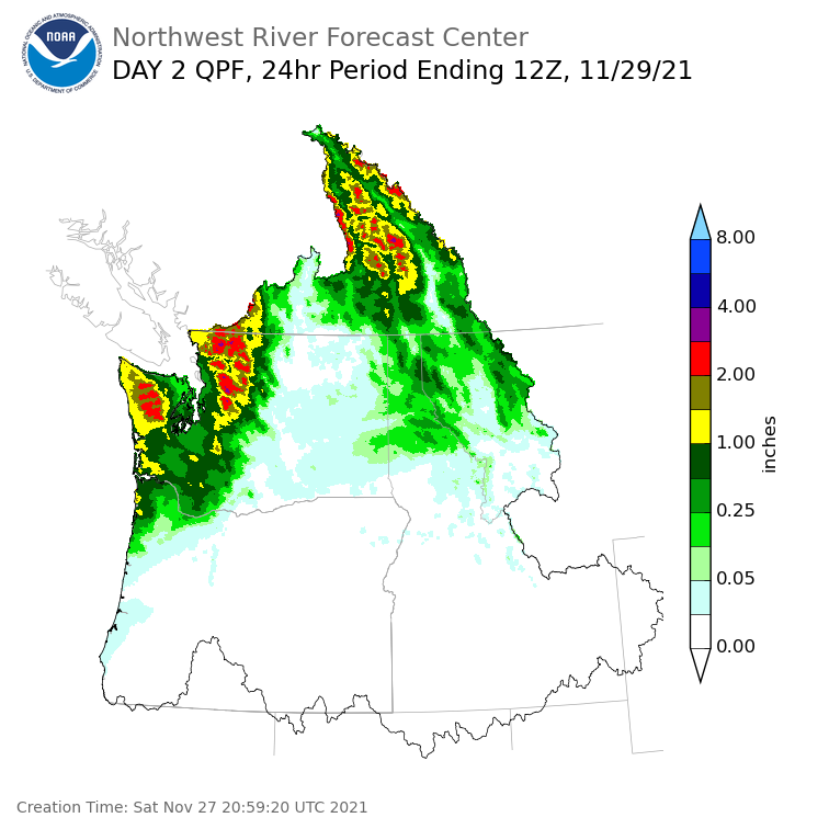 Day 2 (Sunday): Precipitation Forecast ending Monday, November 29 at 4 am PST