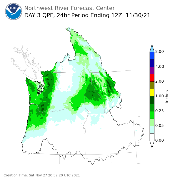 Day 3 (Monday): Precipitation Forecast ending Tuesday, November 30 at 4 am PST