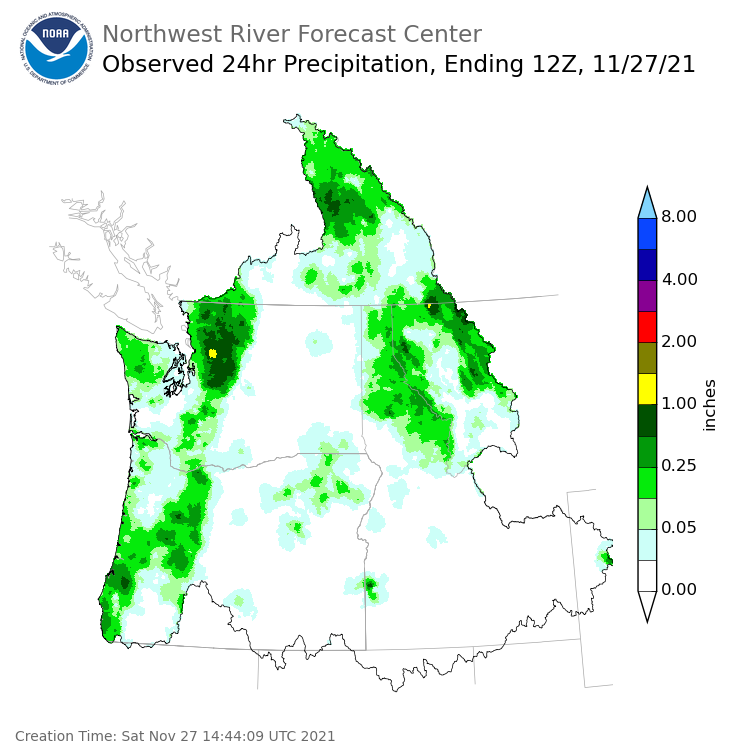 Observed Precipitation ending Saturday, November 27 at 4 am PST