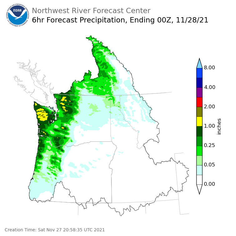 Day 1 (Saturday): 6 Hourly Precipitation Forecast ending Saturday, November 27 at 4 pm PST