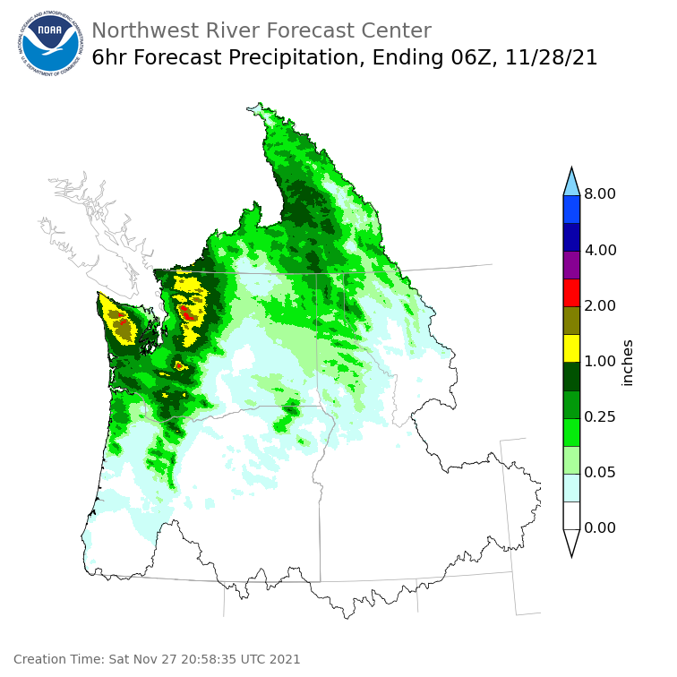 Day 1 (Saturday): 6 Hourly Precipitation Forecast ending Saturday, November 27 at 10 pm PST