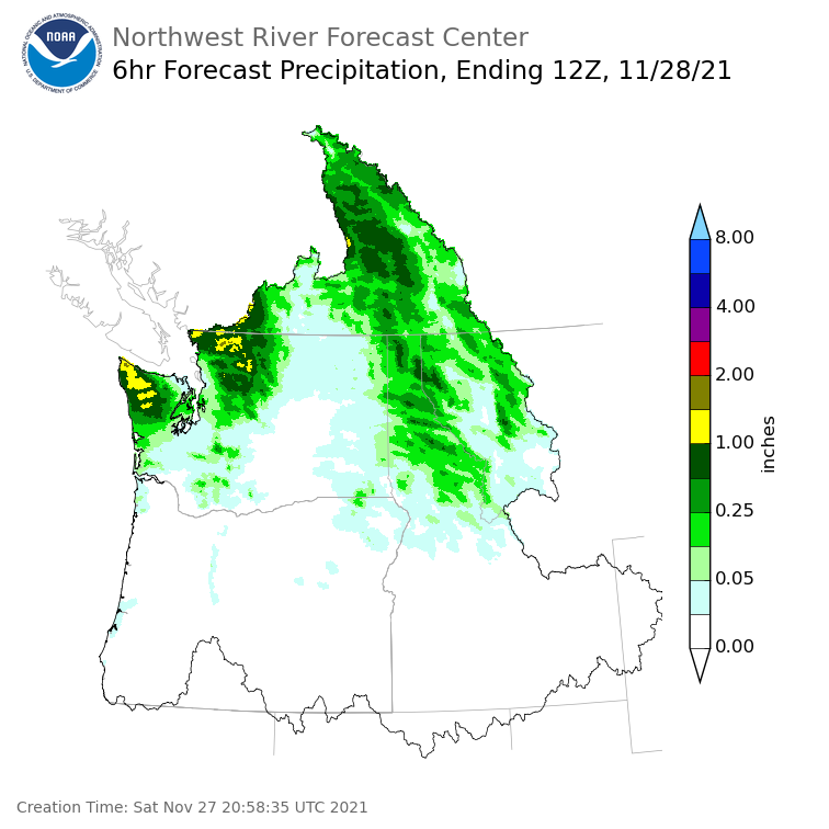 Day 1 (Saturday): 6 Hourly Precipitation Forecast ending Sunday, November 28 at 4 am PST