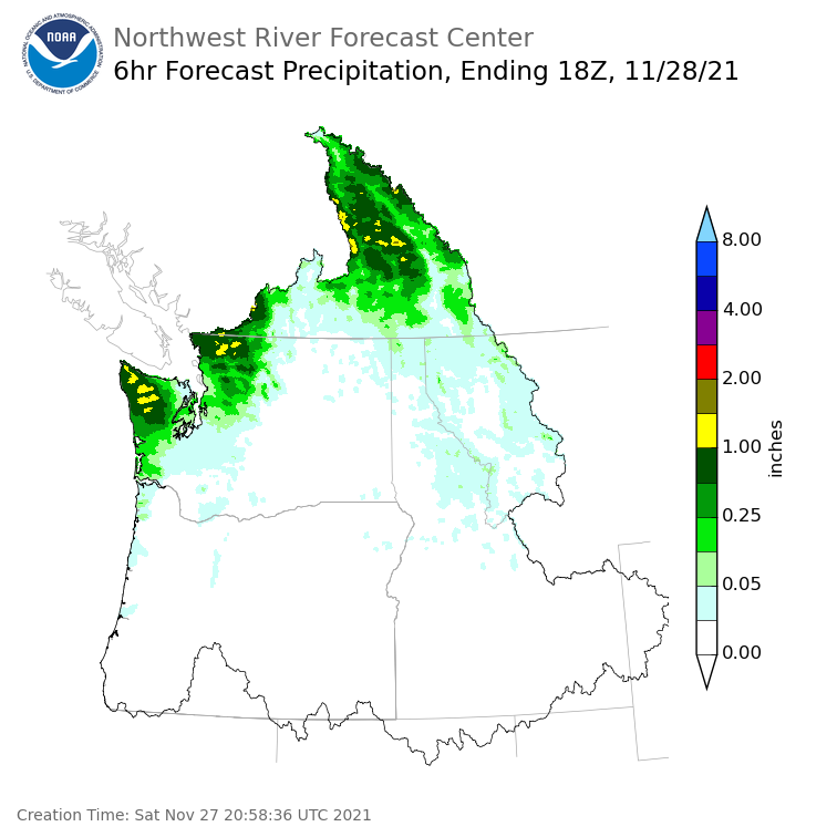 Day 2 (Sunday): 6 Hourly Precipitation Forecast  ending Sunday, November 28 at 10 am PST