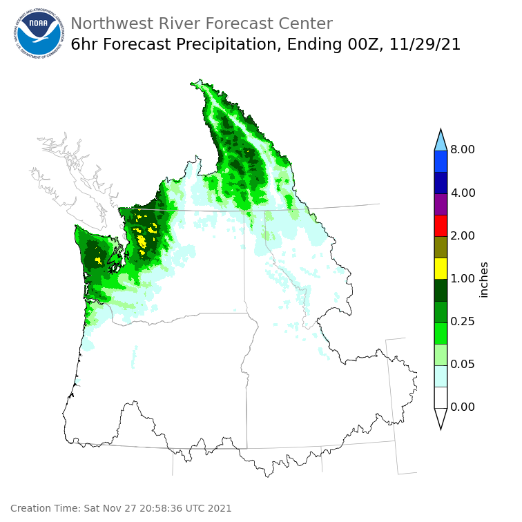 Day 2 (Sunday): 6 Hourly Precipitation Forecast  ending Sunday, November 28 at 4 pm PST