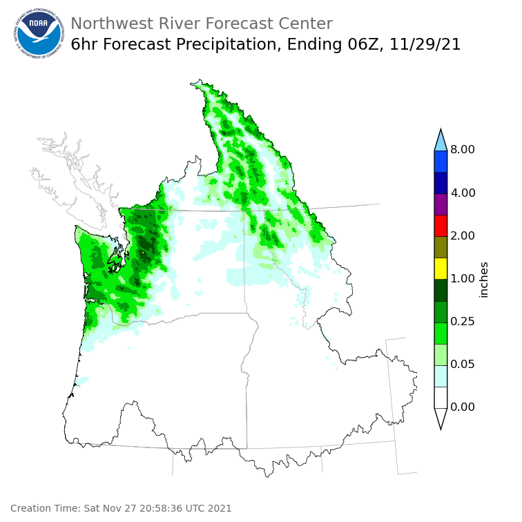 Day 2 (Sunday): 6 Hourly Precipitation Forecast  ending Sunday, November 28 at 10 pm PST