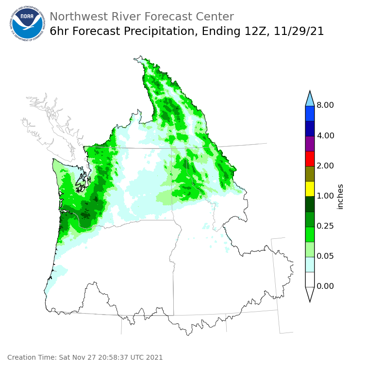 Day 2 (Sunday): 6 Hourly Precipitation Forecast  ending Monday, November 29 at 4 am PST